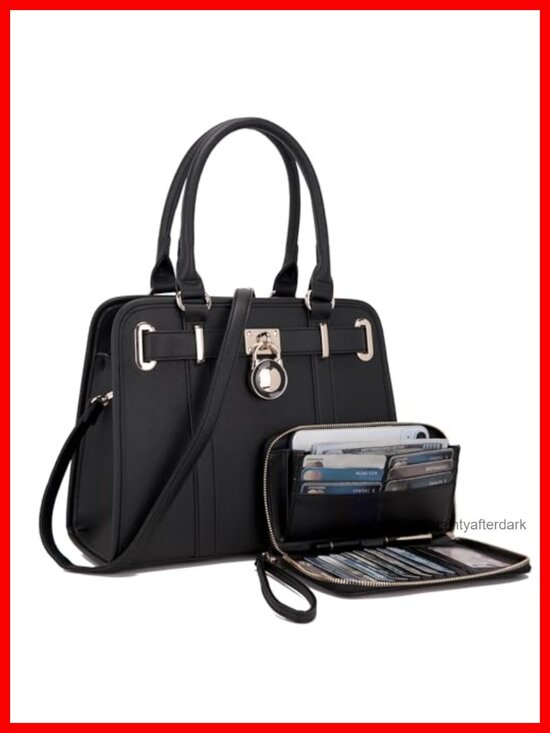 Handbags - Vegan Leather Structured Satchel Tote Handbag Set with RFID Blocking Wallet